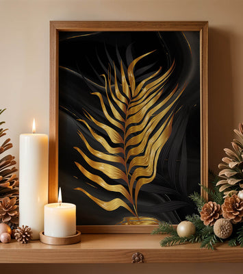 Golden Palm Leaf on Black Background