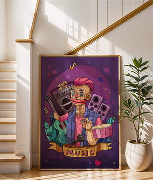 Illustration colorée sur le thème de la musique avec un personnage et des instruments