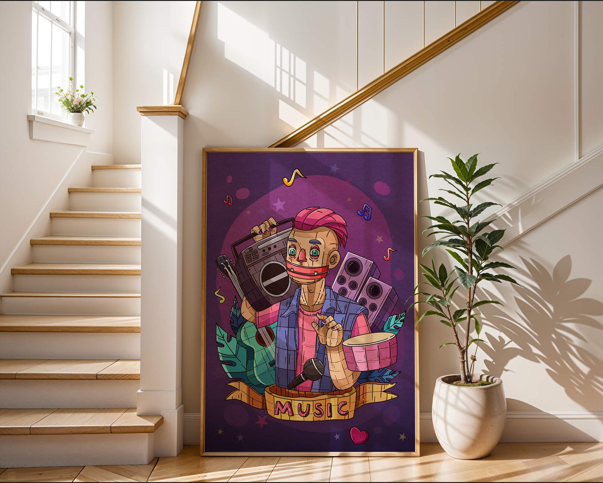 Illustration colorée sur le thème de la musique avec un personnage et des instruments