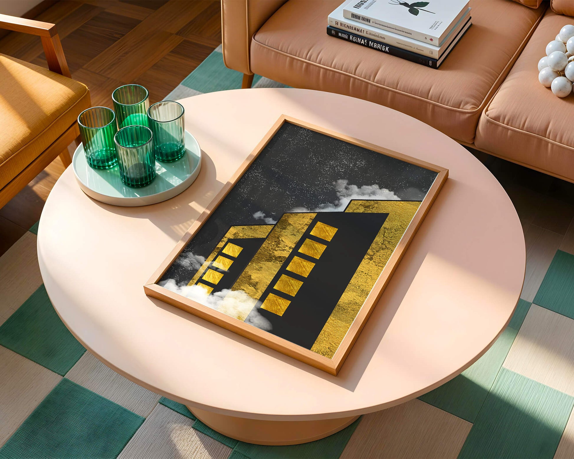 Artistic architectural illustration with golden elements and night sky