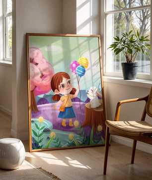 Charming Landscape with Girl Holding Balloons and White Bunny in Enchanted Forest