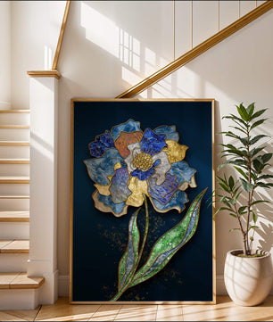 Diseño floral texturizado y colorido con contornos dorados sobre fondo oscuro