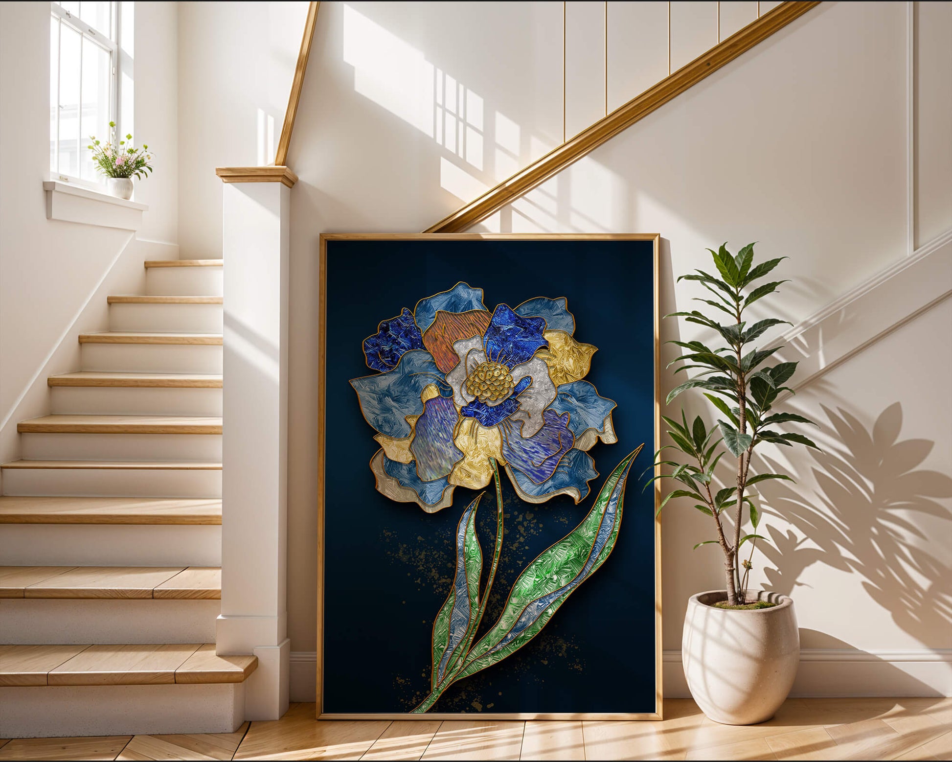 Diseño floral texturizado y colorido con contornos dorados sobre fondo oscuro