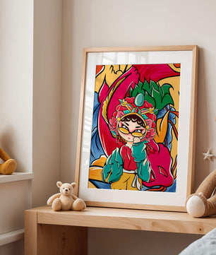 Vibrant illustration featuring a character in traditional costume with dragon elements