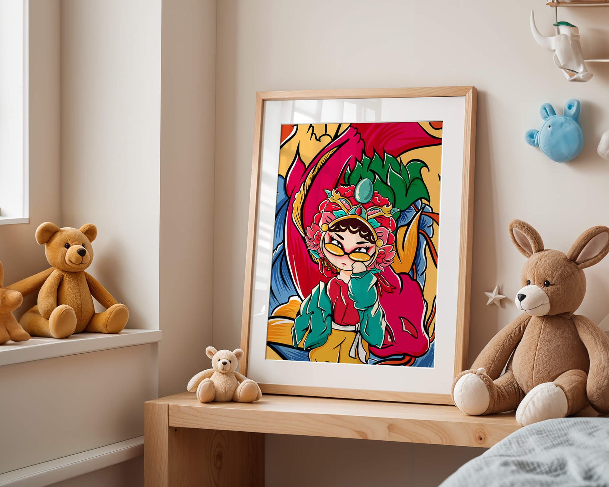 Vibrant illustration featuring a character in traditional costume with dragon elements