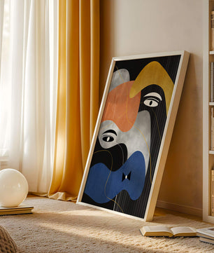 Abstract geometric art with bold colors and gold accents