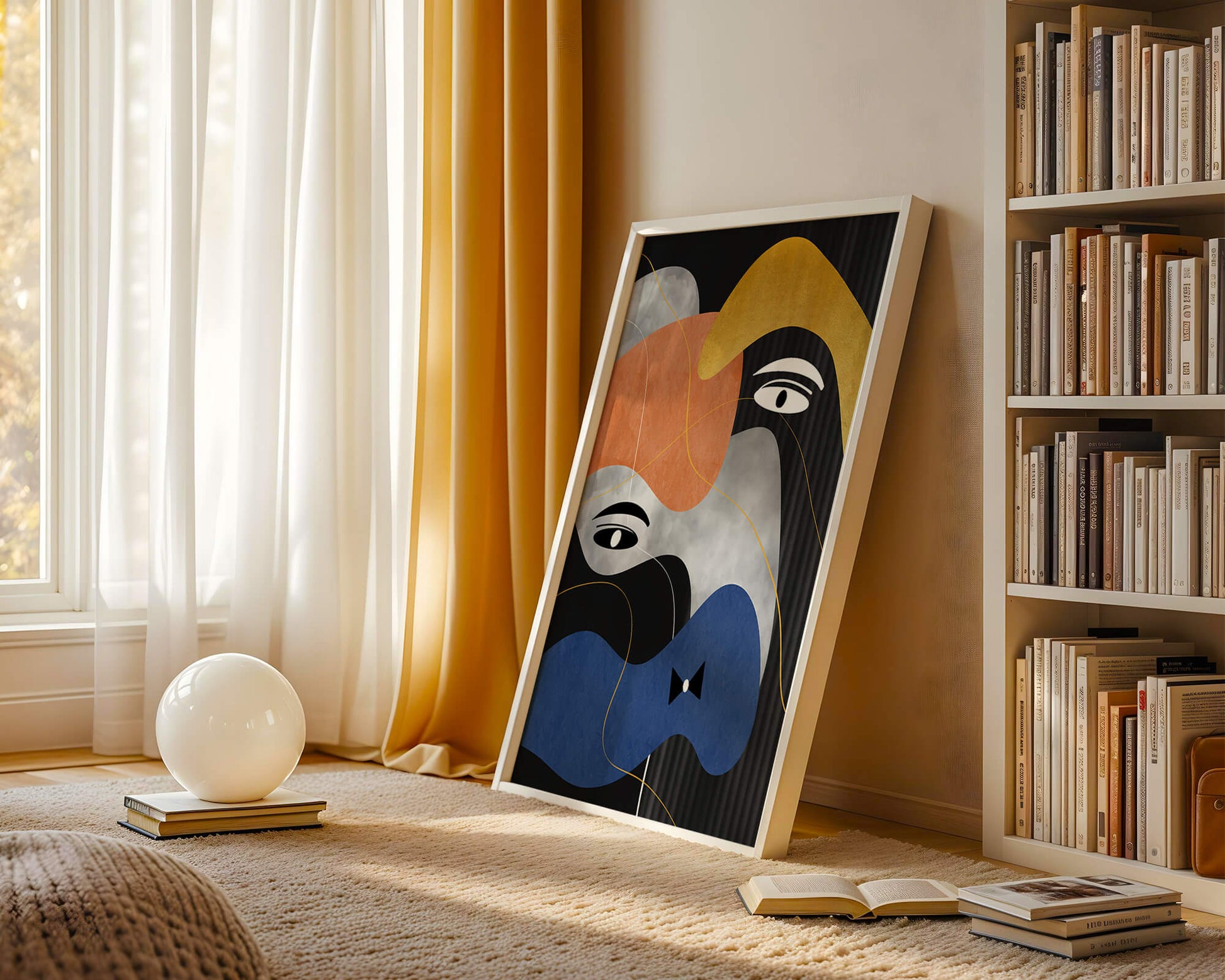 Abstract geometric art with bold colors and gold accents