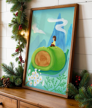 Serene Landscape with Child Sitting on Giant Leaf in Mountainous Fantasy Setting