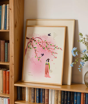 Art chinois traditionnel avec des fleurs de cerisier et une silhouette élégante