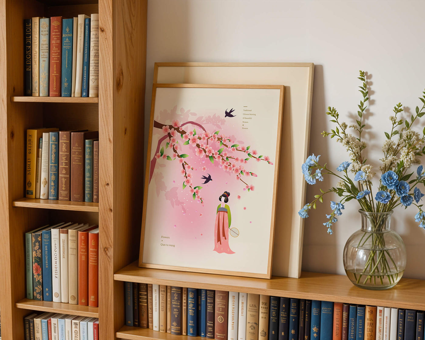 Traditional Chinese art with cherry blossoms and elegant figure