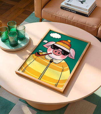 Stylish pig with sunglasses and pipe against a teal sky