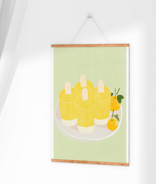 Illustration de sucettes glacées jaunes et d'oranges sur une assiette