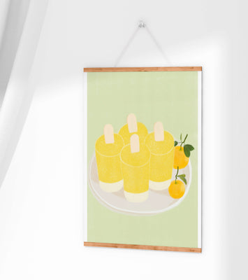 Illustration of yellow popsicles and oranges on a plate