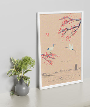Paysage asiatique élégant avec des grues et des branches de cerisier en fleurs