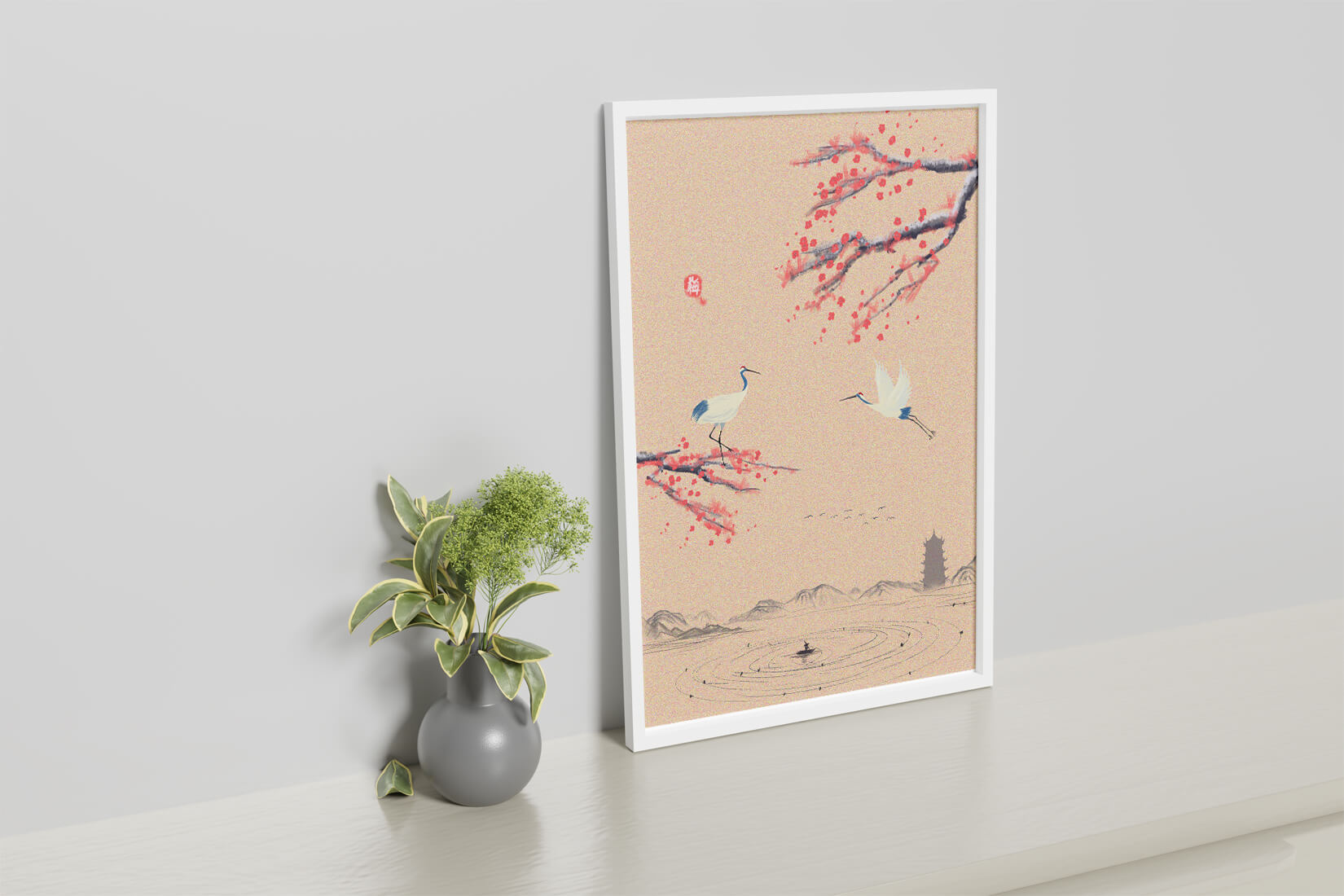 Elegant Asian landscape with cranes and cherry blossom branches