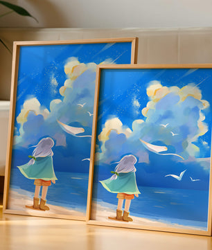 Young person gazing at a vibrant seaside sky with birds flying