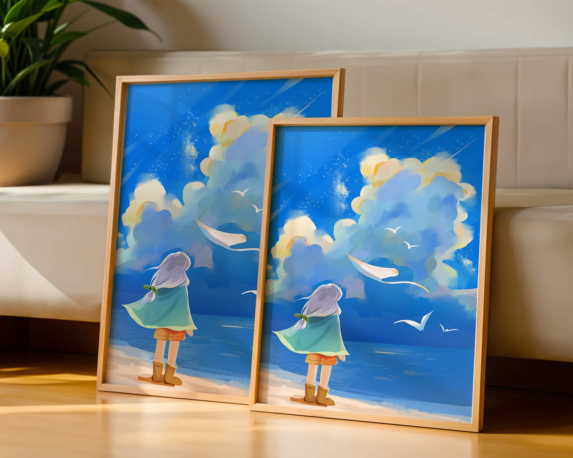 Young person gazing at a vibrant seaside sky with birds flying