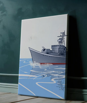 Illustrative depiction of a warship sailing on calm waters