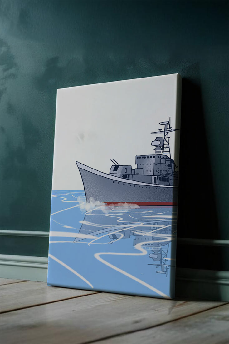 Illustrative depiction of a warship sailing on calm waters