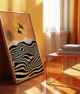 Abstract landscape with jumping deer and golden sun