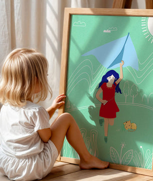 Illustration d'une fille avec un cerf-volant dans un paysage fantaisiste