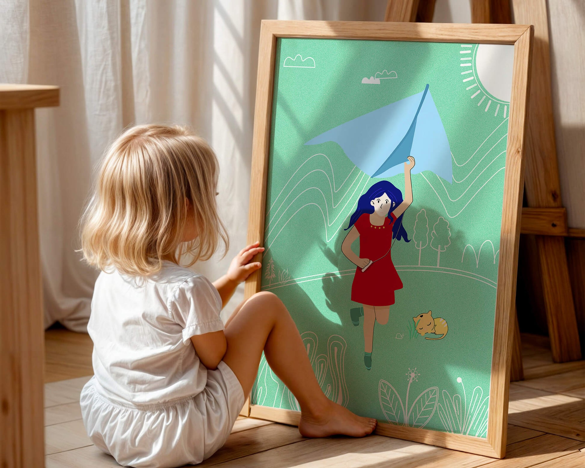 Illustration of a girl with a kite in a whimsical landscape