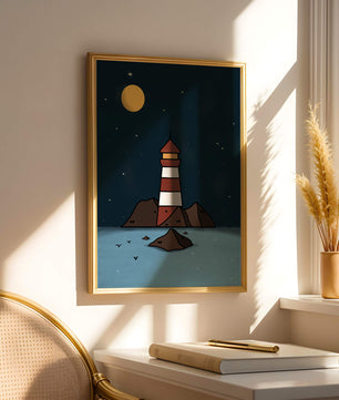 Escena nocturna tranquila con faro y estrellas que reflejan serenidad