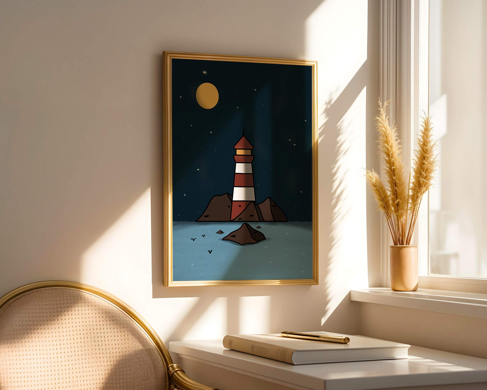 Escena nocturna tranquila con faro y estrellas que reflejan serenidad.