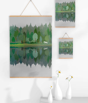 Forest landscape with a white horse and reflection in a tranquil pond