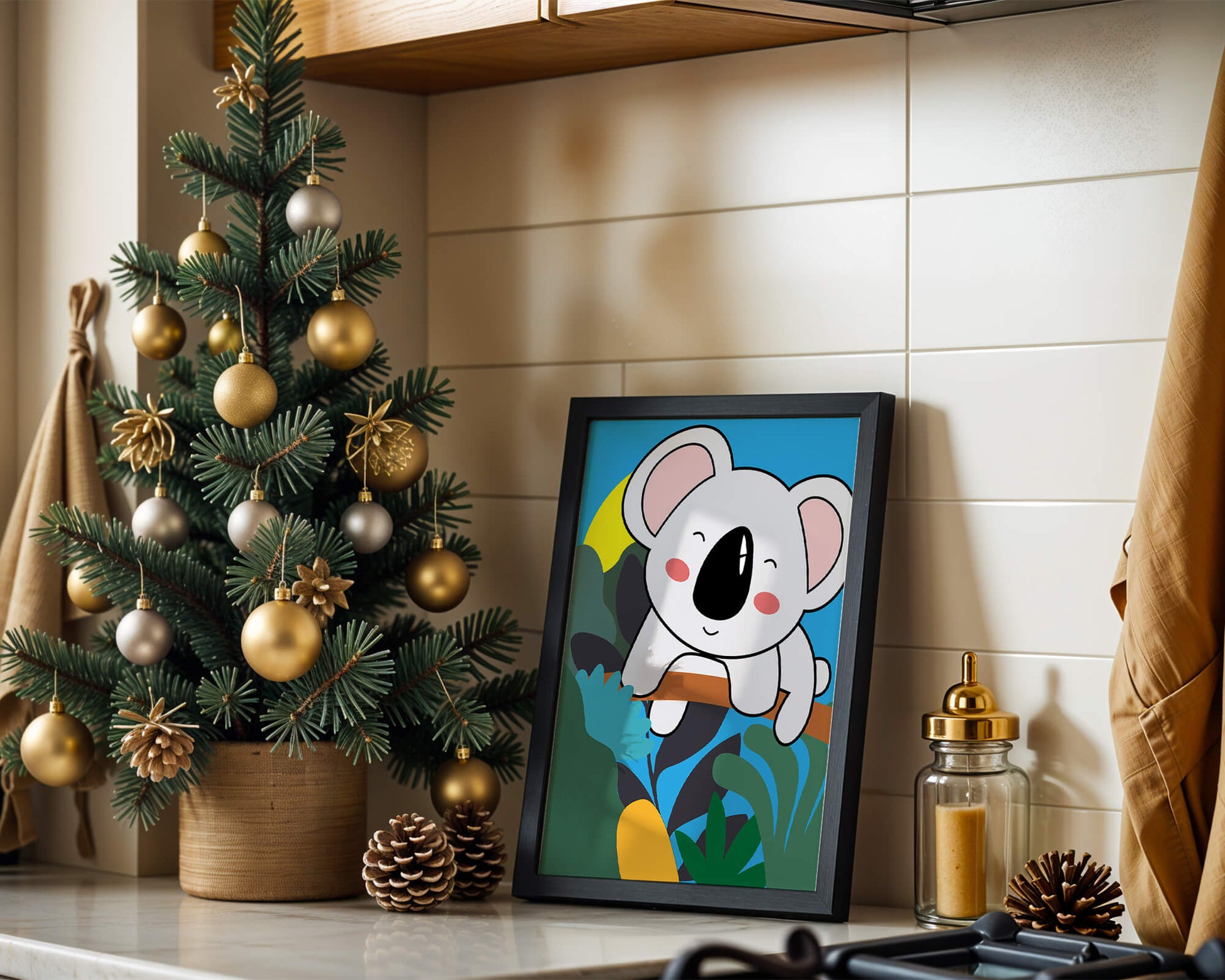 Charming illustrated koala on a branch with vibrant background