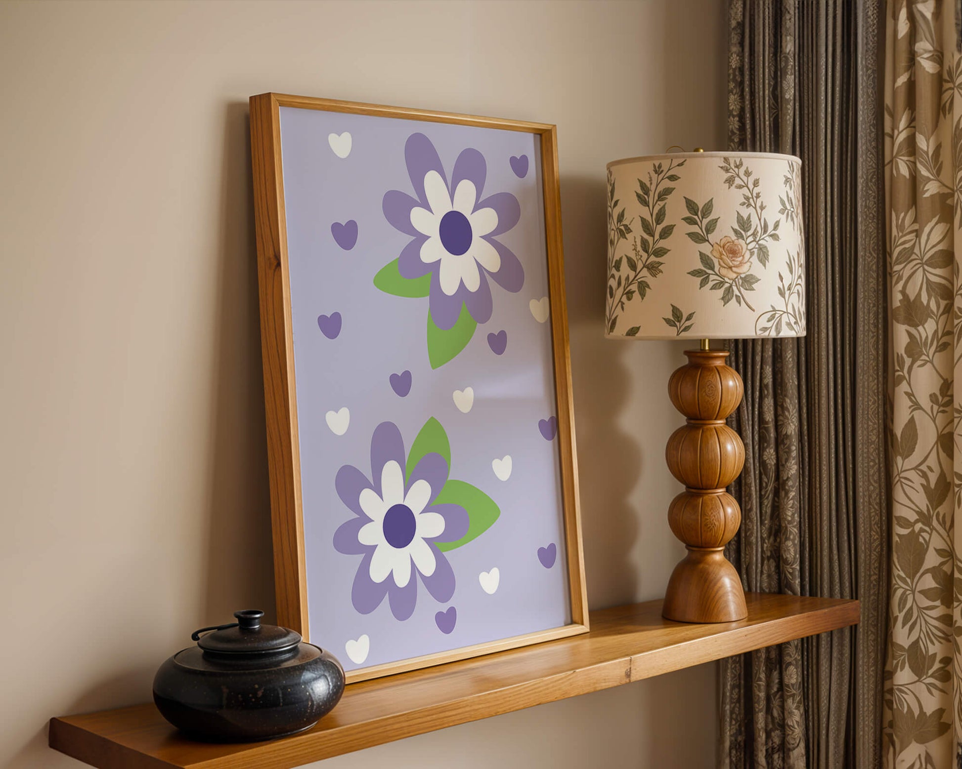 Elegant purple floral pattern with green leaves and heart accents