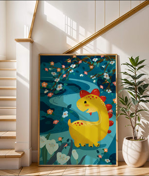 Golden Dinosaur in Enchanted Floral Forest