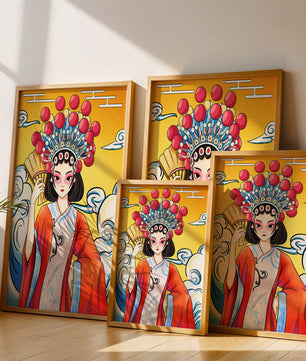 Eine elegante Darstellung asiatischer Kunst mit traditioneller Kleidung und kunstvollem Kopfschmuck