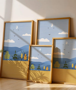 Colorful Landscape with Trees and Birds in a Serene Field