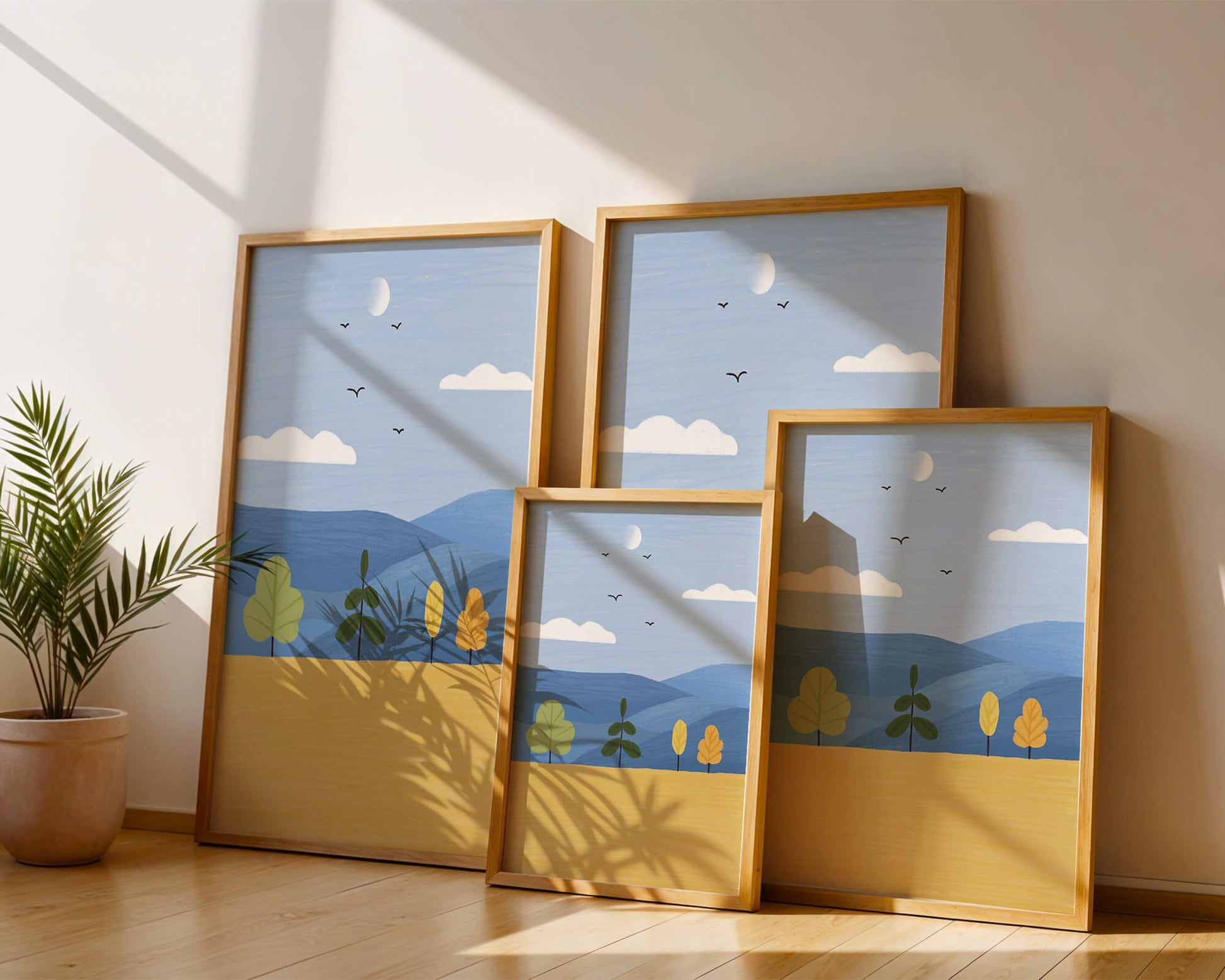 Paisaje colorido con árboles y aves en un campo sereno