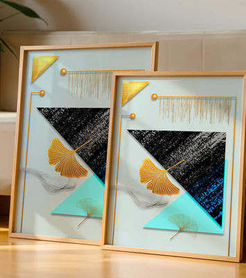 Abstract Composition with Geometric Shapes and Gold Ginkgo Leaves