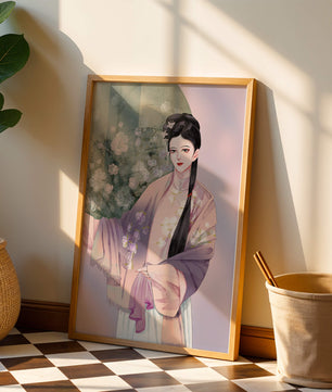 Elegant Asian Woman in Traditional Attire with Floral Background - Mi tienda