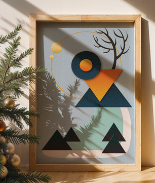 Abstract Geometric Landscape with Mountain and Sun - Mi tienda