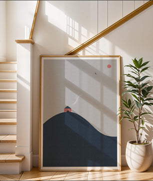Minimalistische Landschaft mit Haus auf einem Hügel und Sonnenuntergang