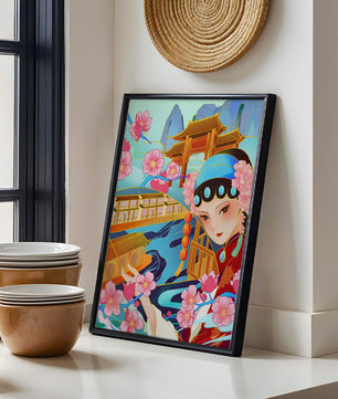 Traditional Asian art with cherry blossoms and architecture