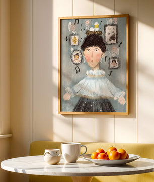Retrato ilustrado caprichoso con elementos musicales y dorados