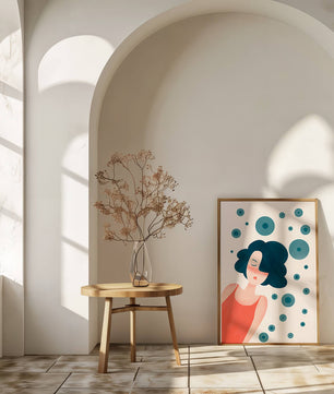 Dreamy Female Portrait with Abstract Circles in Modern Art Style - Mi tienda