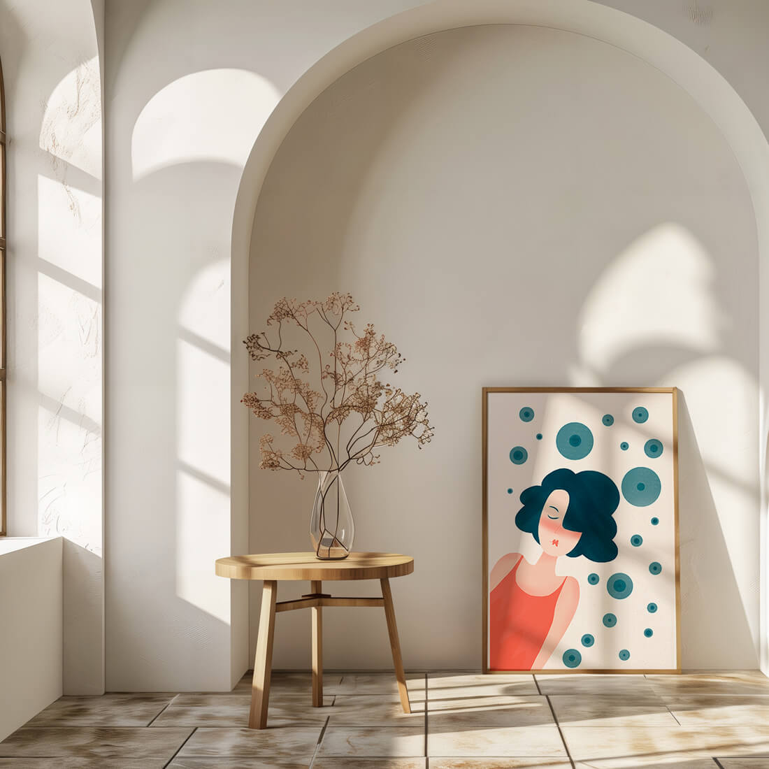 Dreamy Female Portrait with Abstract Circles in Modern Art Style - Mi tienda