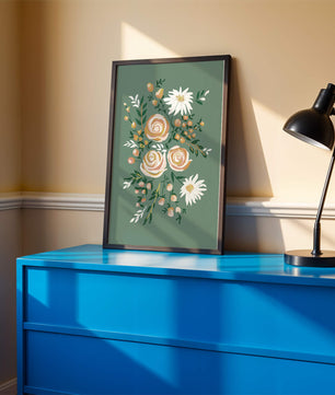 Floral illustration with roses and daisies on green background