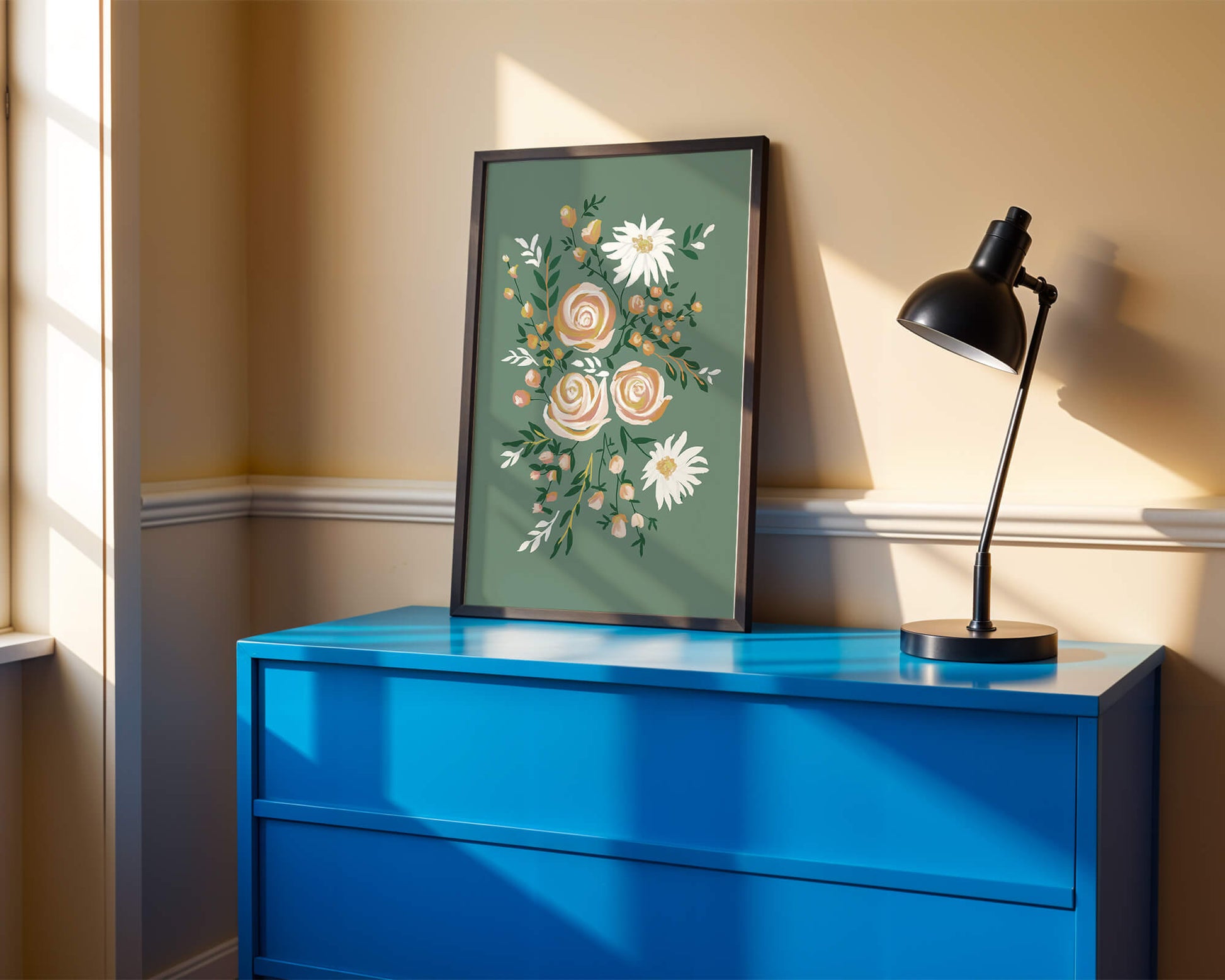 Floral illustration with roses and daisies on green background