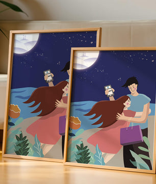 Pareja romántica abrazándose bajo una noche iluminada por la luna