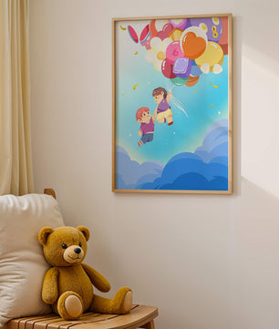 Ilustración caprichosa de niños en el cielo con globos de colores