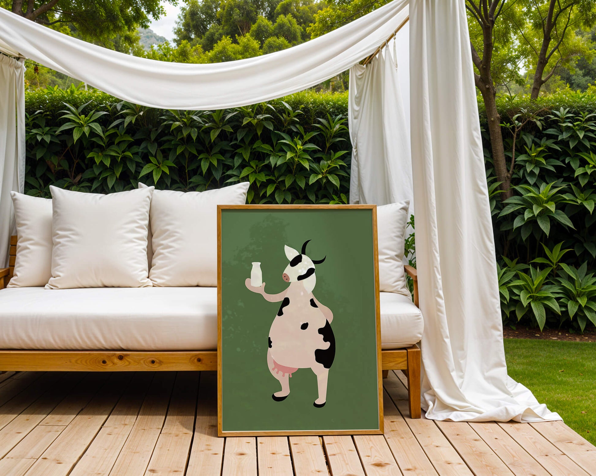 Illustration of anthropomorphic cow holding a milk bottle on green background