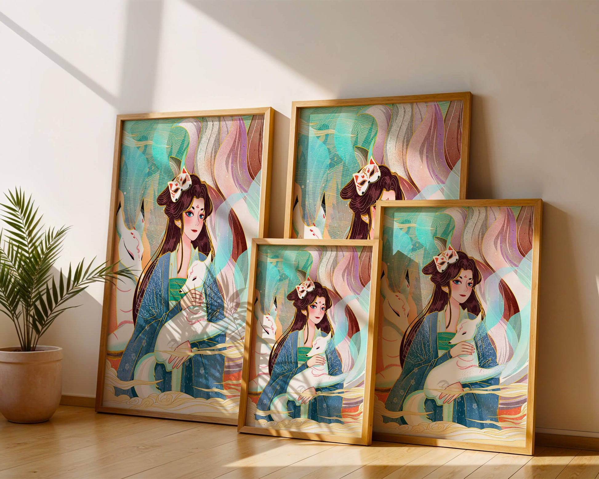 Woman with foxes in a mystical fantasy scene