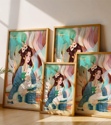 Woman with foxes in a mystical fantasy scene